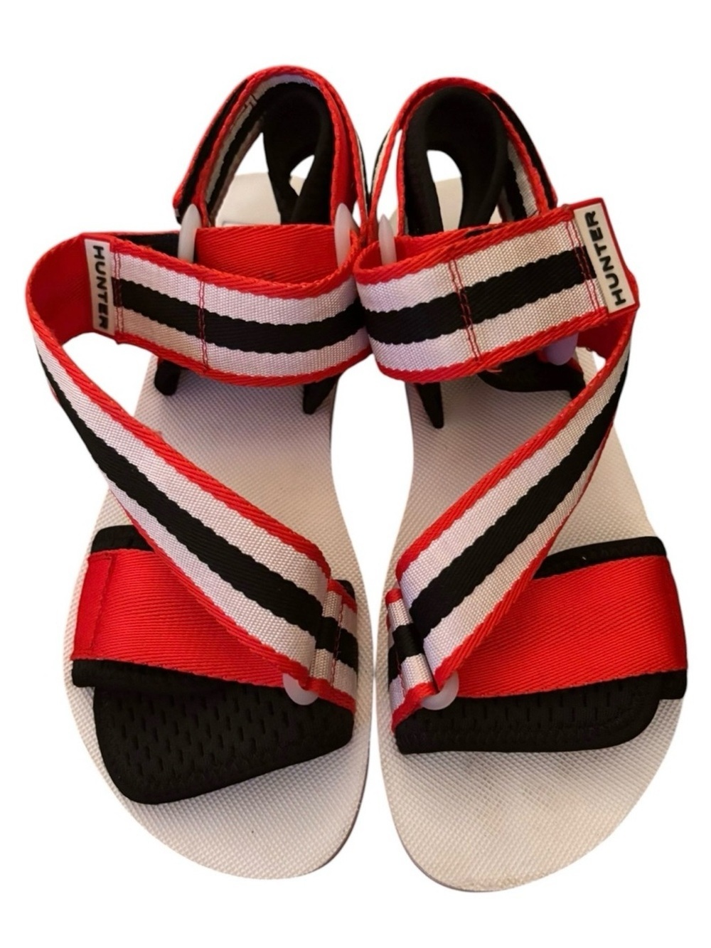 Women’s Hunter Red Sandals with Black-and-White Striped Straps Size 9